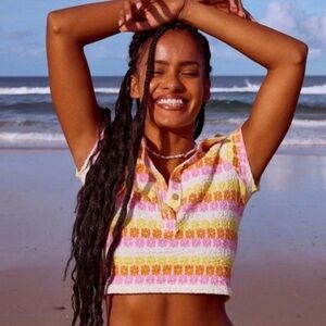 Free People Babe Town Polo Shirt Floral Spring Hippie S